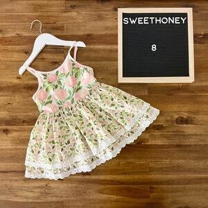 SweetHoney Belle Tunic Top Rose Water 8 Pink Green Floral Lace Sleeveless Spring